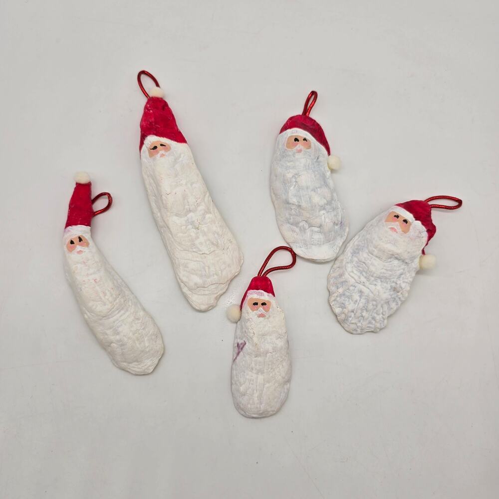 VTG Hand Painted Oyster Shell Santa Ornaments Beach Cottage 5 pc Seaside Holiday